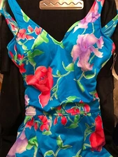 NEW NWT Roxanne 1 Piece Swimsuit Pool Beach Floral SIZE 16 Cup 38 B Med Blue