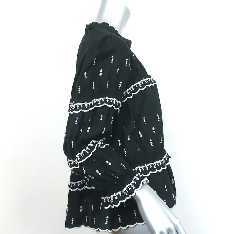 Isabel Marant Etoile Ruffle Blouse Daniela Black Embroidered Linen Size 38 - Image 3 of 4