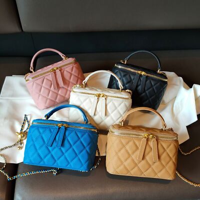 Small Mini Quilted Real Leather Vanity Case Chain Purse