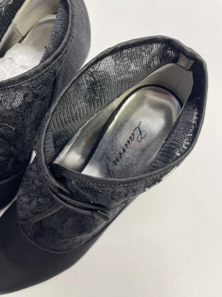 Lauren Jones Melinda 女式黑色缎面杏仁头细高跟鞋 6.5 米全新 — 第 2/4 张图片