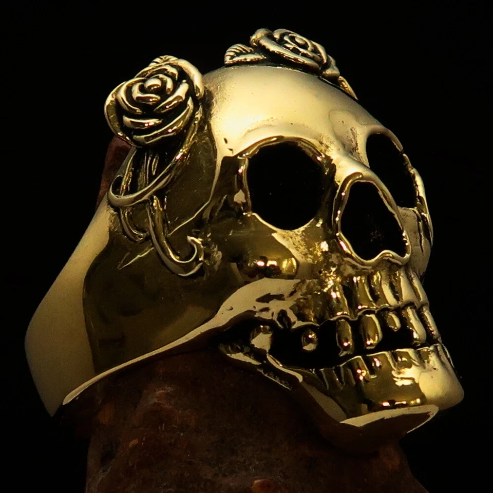 GRANNY SKULL 戒指,自行车戒指,骷髅玫瑰领 8 码 - 实心黄铜 — 第 4/4 张图片