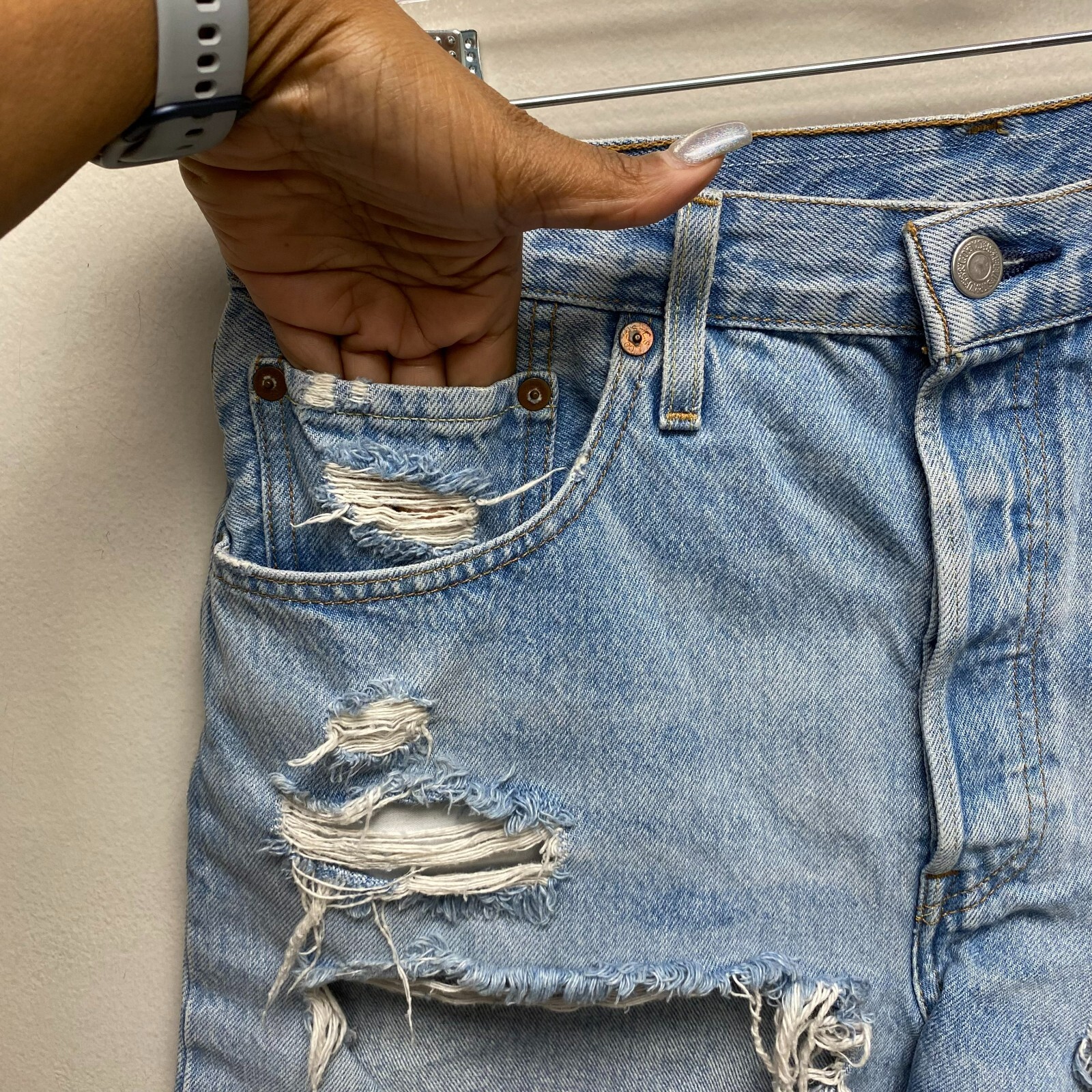 Levi's Premium 501 Big E Blue Distressed Button Fly Denim Cut-Off Jean Shorts 30 thumbnail 3