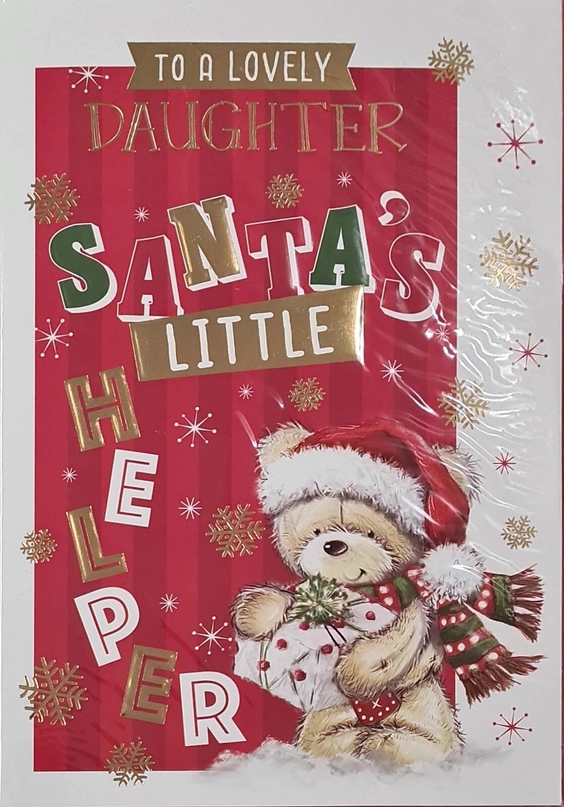 Christmas Card To a Lovely Daughter Santa's Little Helper Cute Bear Gold Foil