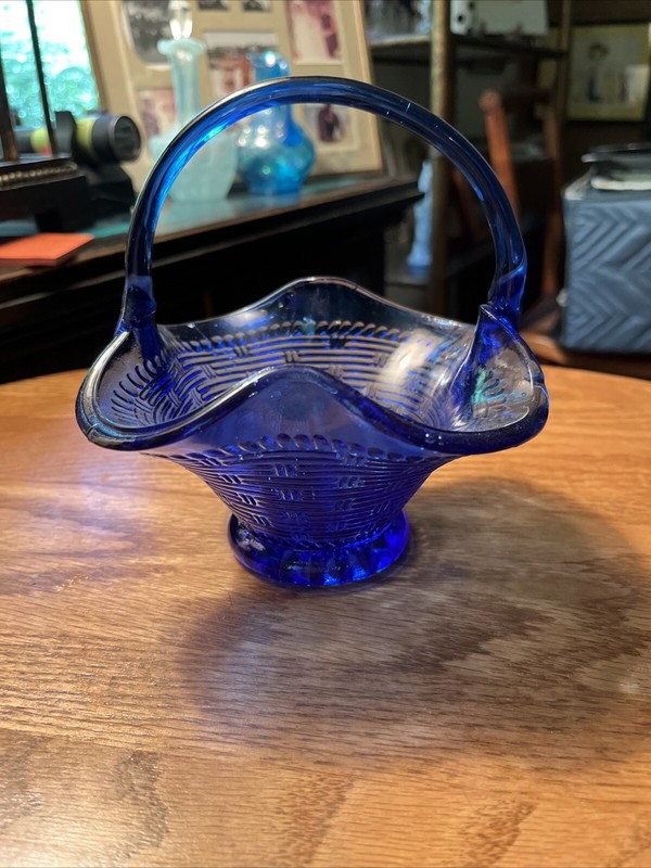 Basketweave Pattern Depression Glass Cobalt Basket with Handle