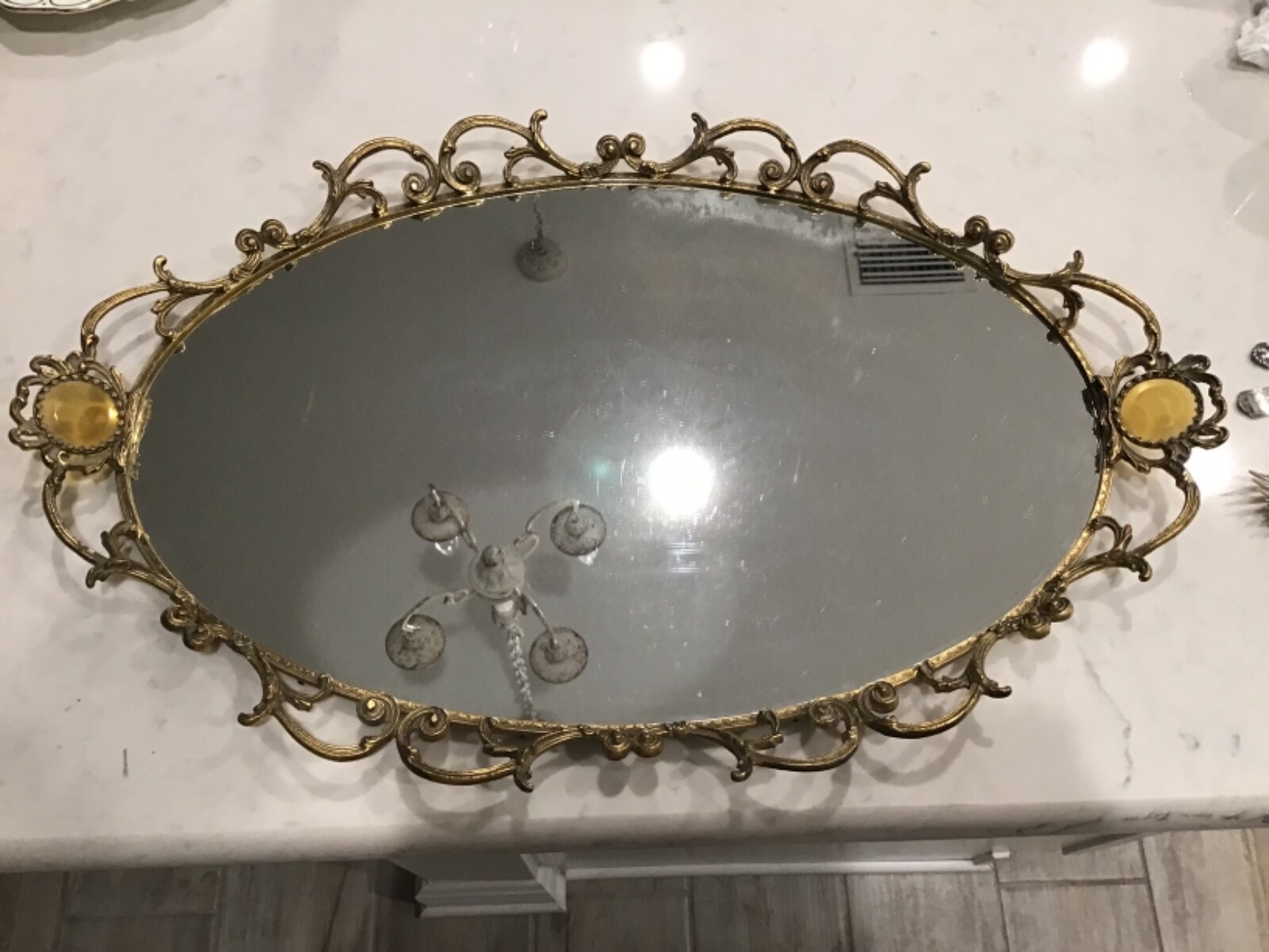 Large Vintage Jeweled Gold Vanity tray w large Amber Stones eBay