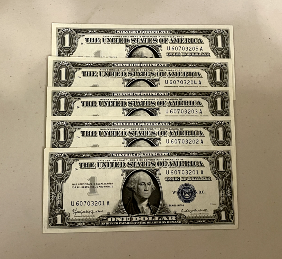 Consecutive 1957 One Dollar Blue Seal Note Silver Certificate Bill $1 ...
