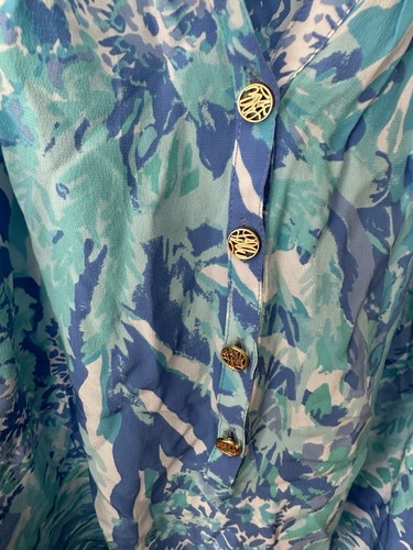 LILLY PULITZER Silk Blouse Long Sleeve AQUA Blue Top Relaxed Fit Large 100% Silk - Picture 4 of 16