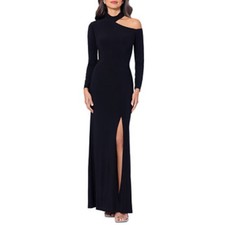 XSCAPE Black Column Evening Gown Cut Out Shoulder Long Sleeve Dress Size 16P