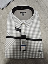 NWT VAN HEUSEN Men's Gray Check No Iron Short Sleeve Dress Shirt 17/17.5 XL