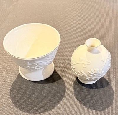 Fine China - Porcelain White - Embossed Floral Miniature Vase + Bowl Set of 2