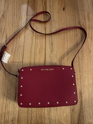 Michael Kors Sandrine Stud MK EW Crossbody Bag Scarlet Red Saffiano 38S8CD1C3L