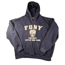 Vintage FDNY Hoodie Mens Large Blue Pullover Fire Dept City NYC Sweatshirt