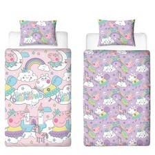 Peppa Pig Single Duvet Cover Set Bedtime Pink Purple Multi 2 in 1 Design UK Size
