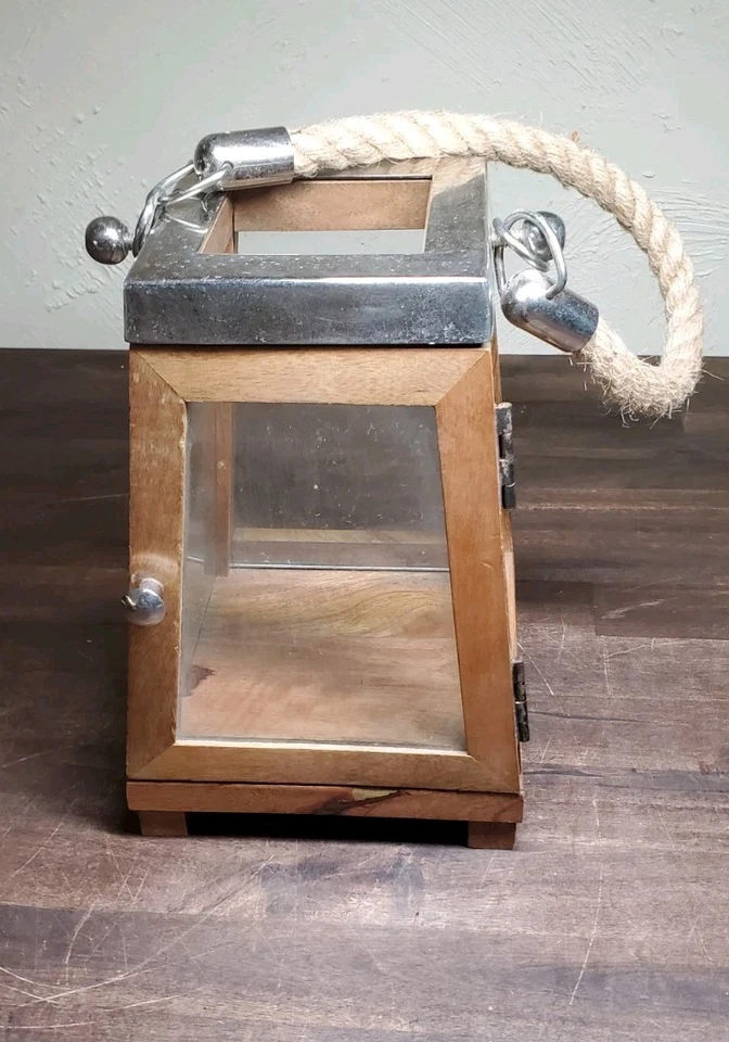 Vintage Rop Handle 9" Wooden Candle Lantern Large Brown Glass Candle House - Image 2 of 4