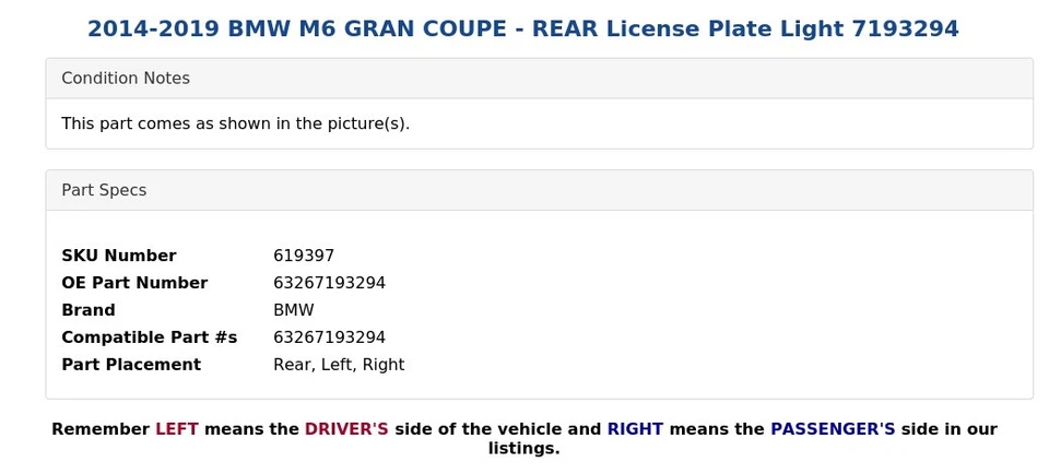 BMW M6 GRAN CUPÉ 2014-2019 - Luz de matrícula trasera 7193294 Foto 4 de 4