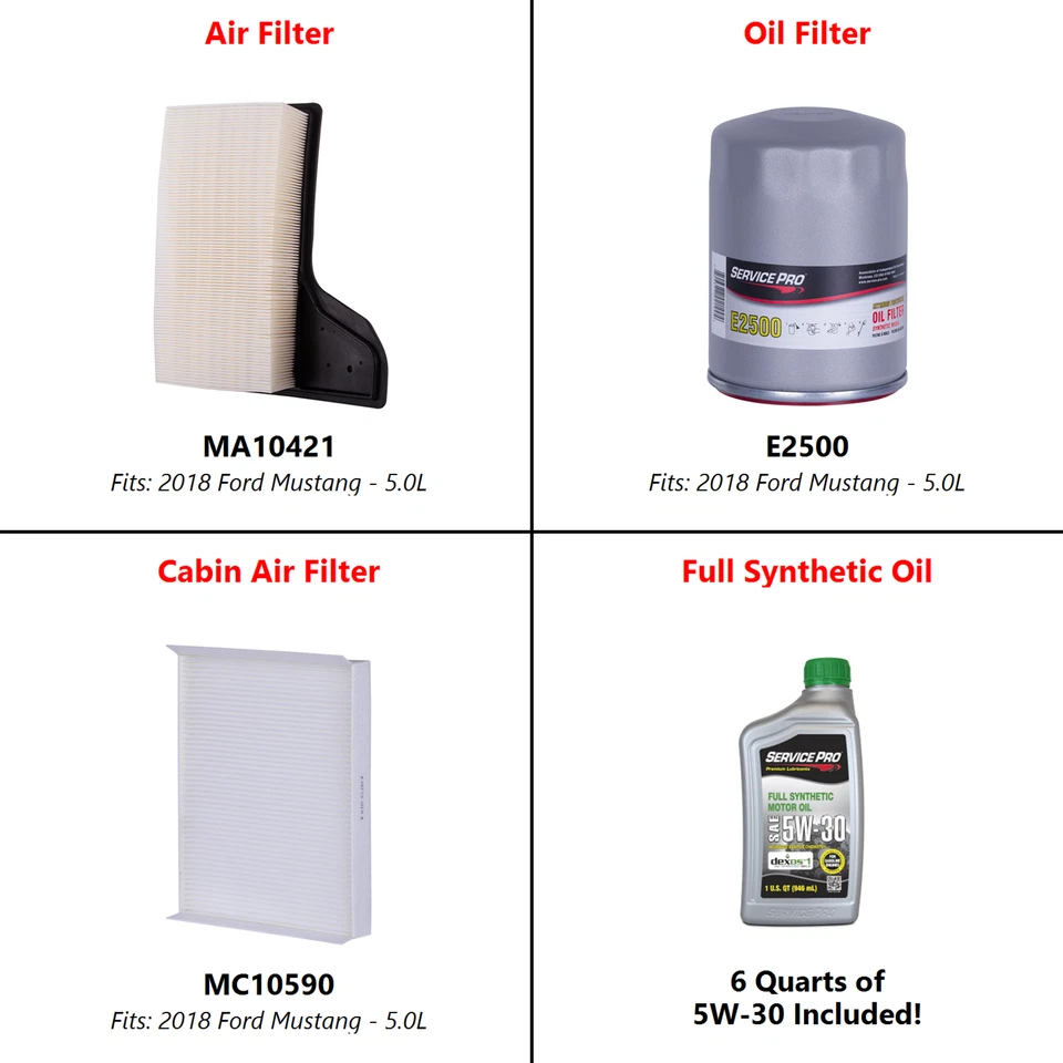 2018 Ford Mustang 5.0L Complete Oil, Air & Cabin Filter Kit (5W-30) Foto 2 de 4