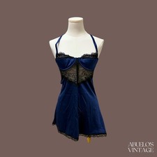 VTG Fredericks of Hollywood Blue Lace Chemise Slip Dress Size M Nylon Spandex