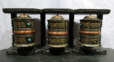 Buddhism Om Mantra Hanging Table Stand 3 in 1 Copper Oxide Frame Prayer Wheel