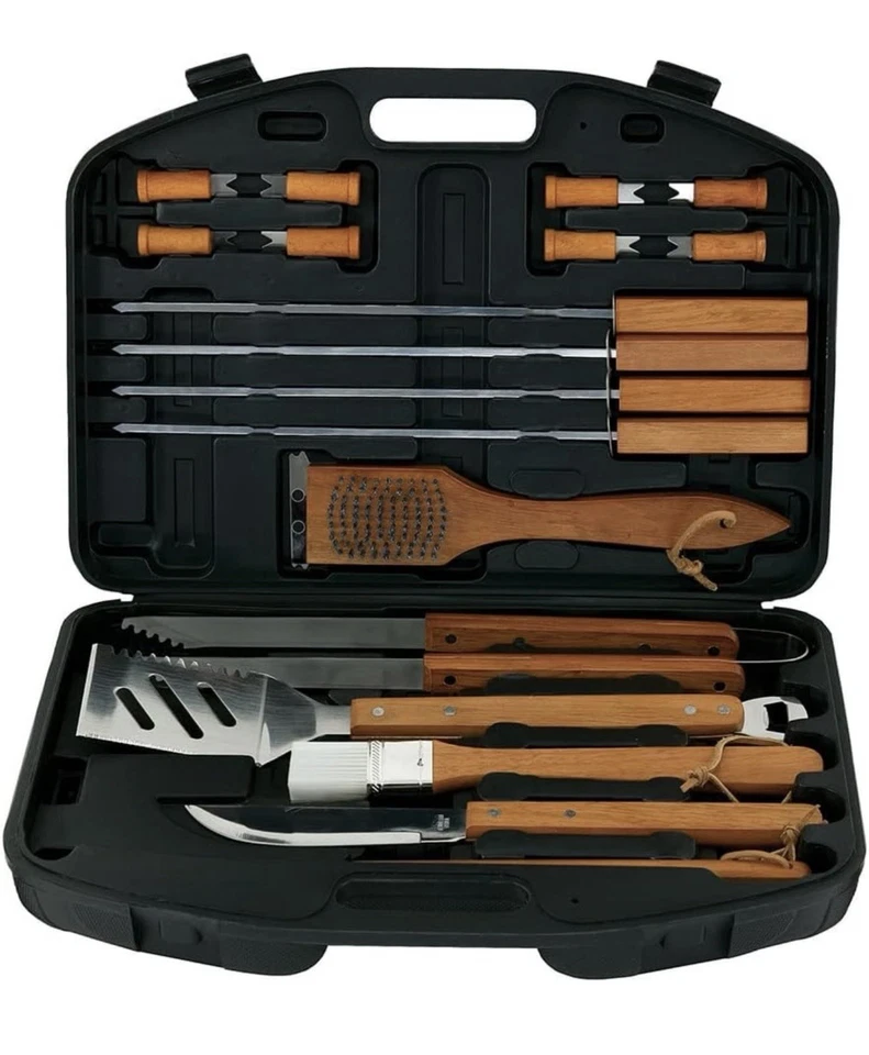 Mr. Bar-B-Q Juego de herramientas de parrilla de lujo de 18 piezas con asas de madera de acero inoxidable Foto 2 de 4