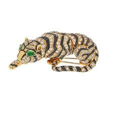 David Webb Platinum & 18K Yellow Gold Diamond Tiger And Black Enamel Brooch