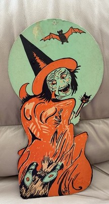 Vintage Beistle Halloween Die Cut Witch USA Black Cat Horns Bat Broom 1930 RARE