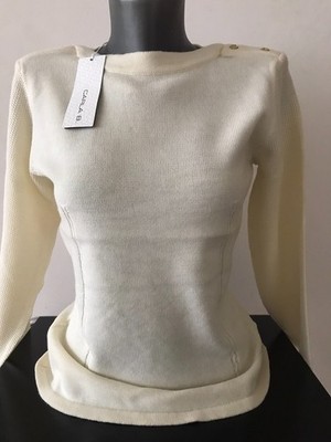 Pullover Feinstrick Langarm Merinowolle Gr. 38 Creme Weiß Struktur U-Boot NEU 
