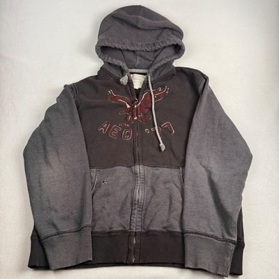 American Eagle Mens XL Full Zip Hoodie Black Charcoal Distressed Eagle Logo AEO
