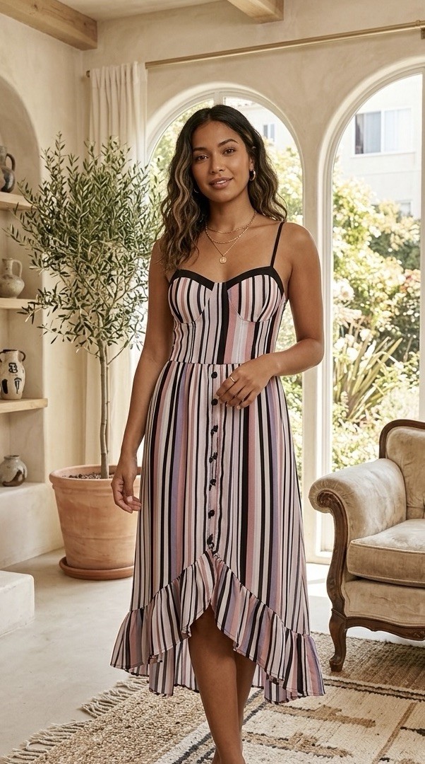 Striped Button Front Ruffle Hem Midi Sundress Sle… - image 1
