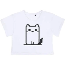 'Pixel Cartoon Cat' Women's Cotton Crop Tops (CO052758)
