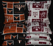 8 CORNHOLE BEANBAGS made w TEXAS LONGHORNS TEXAS A M AGGIES Fabric ACA Reg Bags