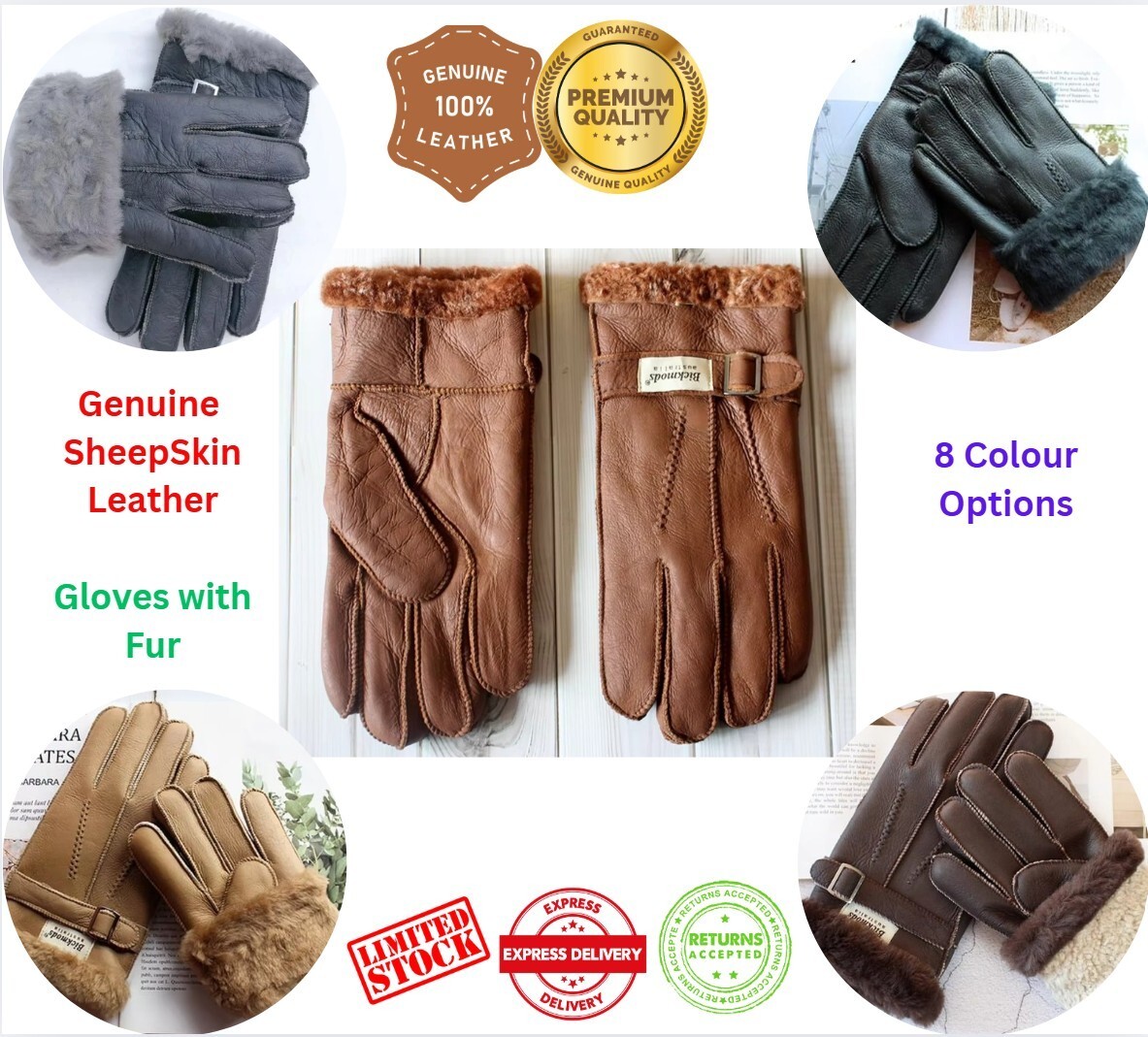 Luxury Design FUR Gloves VINTAGE FULL WINDPROOF Genuine Sheepskin Leather 1-SIZE