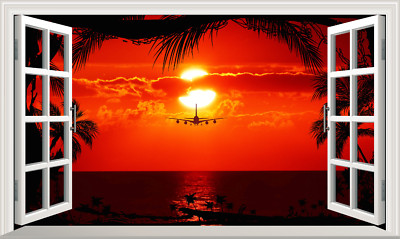 Sonnenuntergang Strand Tropisch Meer Reise Magisch Fenster Aufkleber Wandtattoo Druck Poster
