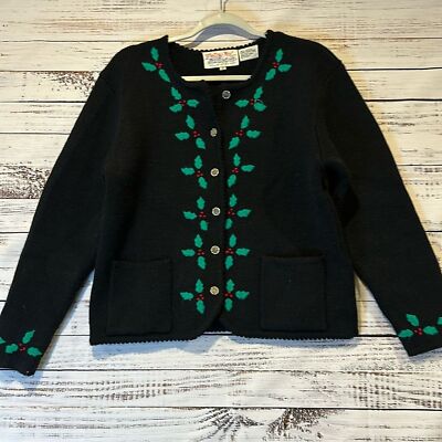 Vintage Tally Ho Embroidered Holly Knit Button Up Cardigan Sweater Size M