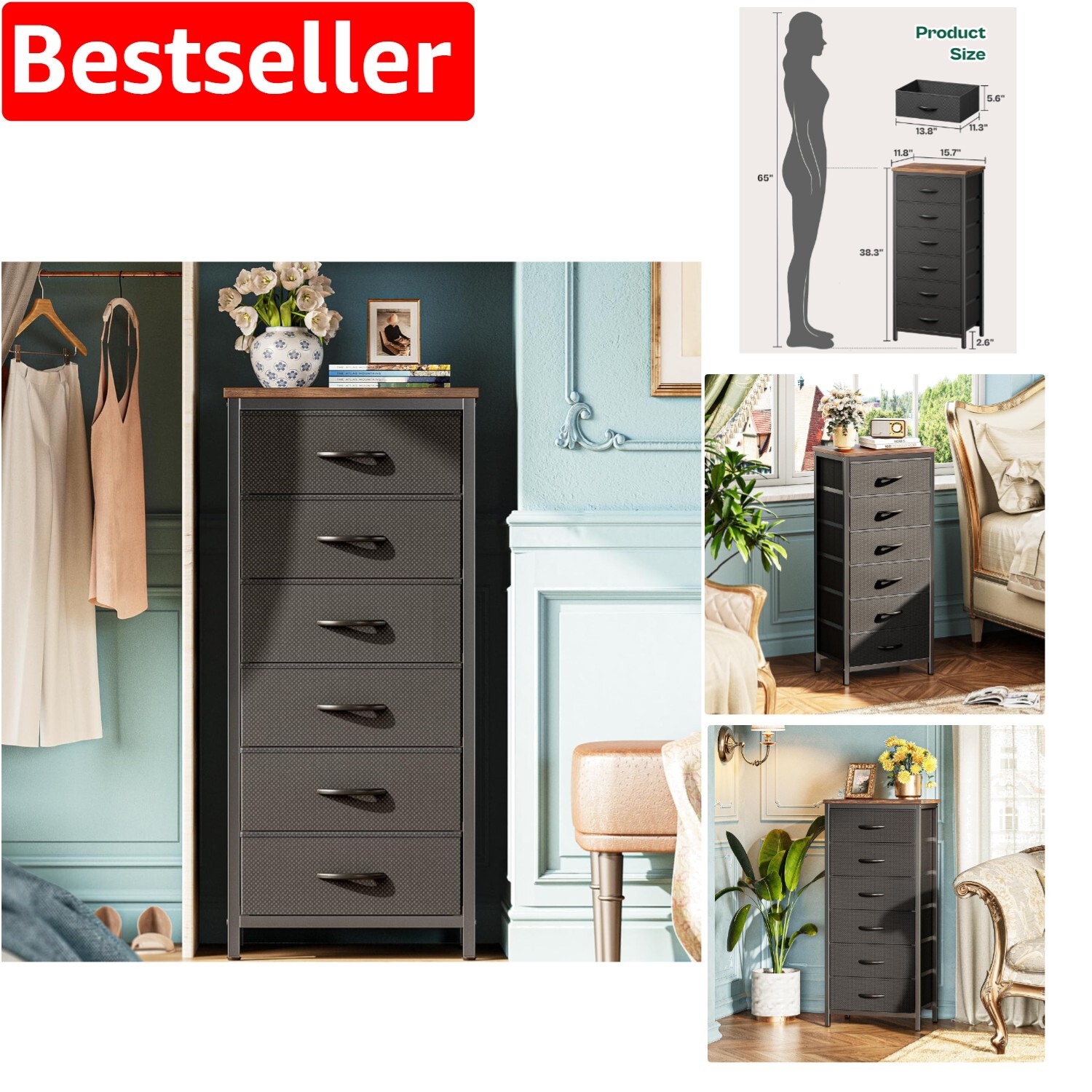 Durable 6 Drawer Nightstand in Rustic Brown with Adjustable Feet - Easy Setup