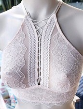 Victoria Secret Rare Vintage bralette M   Ivory High Neck Lace Up Racer Lace