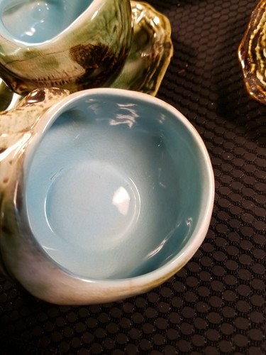 Vintage Giappone tazza da tè piattino conchiglia ostrica guscio verde blu lotto di 4 - Foto 9 di 12