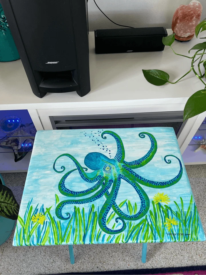 Octopus Tray Table Hand Painted Coastal Vintage Rare Wood Original-L19” W14” - Image 2 of 4