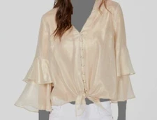 $79 Inc International Concepts Women's Gold Tiered Long Sleeve Blouse Size XS