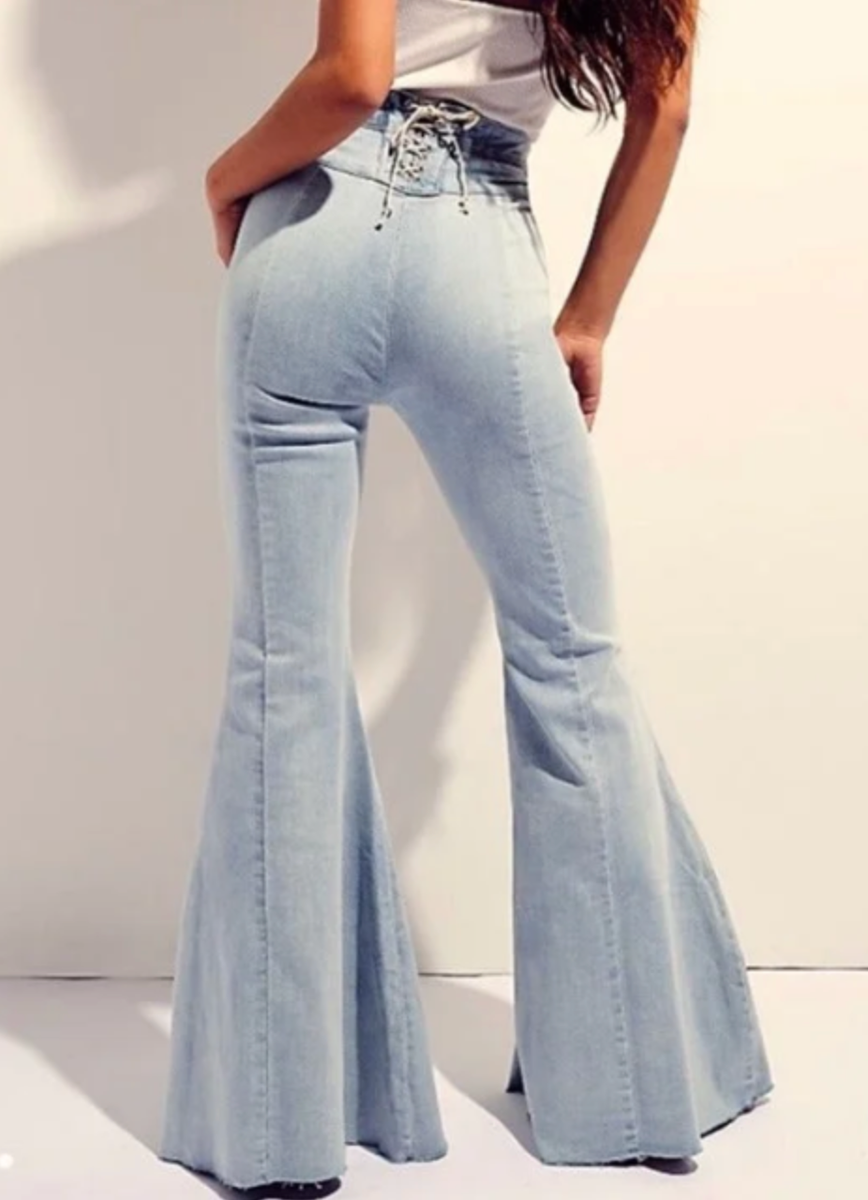 Koinshha Women's High Waisted Bootcut Flare Jeans - Stretch Bell Bottom Denim Pants, Light Blue (Size 12 Long)