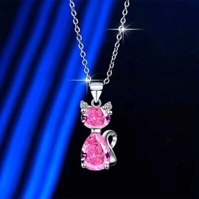 Pink Cat Pendant Round Cut White Stone Kitty Necklace Silver Jewelry Gift Women