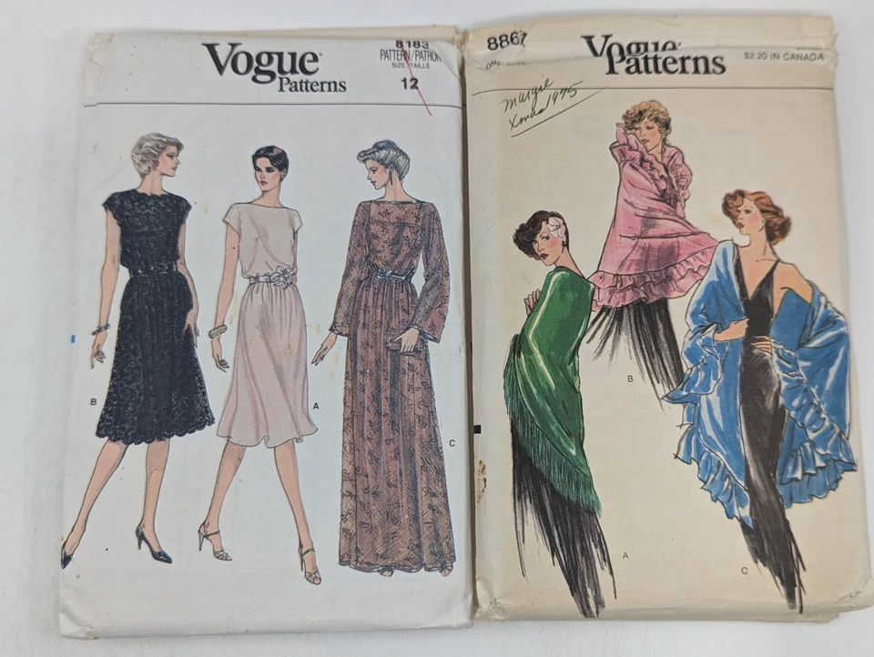 1980s (4) VTG Vogue Sewing Patterns - Dress/Shawl/Skirt/Blouse (OS-12) Uncut - Image 3 of 4