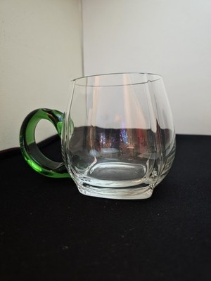 Cut Glass Clear With Emerald Green Handle Coffee Tea Mug Cup