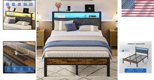 Full Size Bed Frame with LED Lights, Full Bed Frame with Headboard, Charging Sta