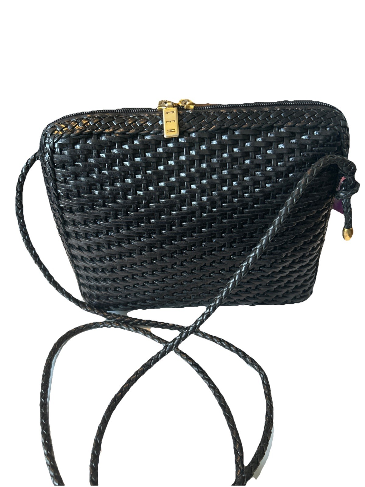 CEM Vintage Black Woven Leather Crossbody Bag Gold Hardware Braided Strap
