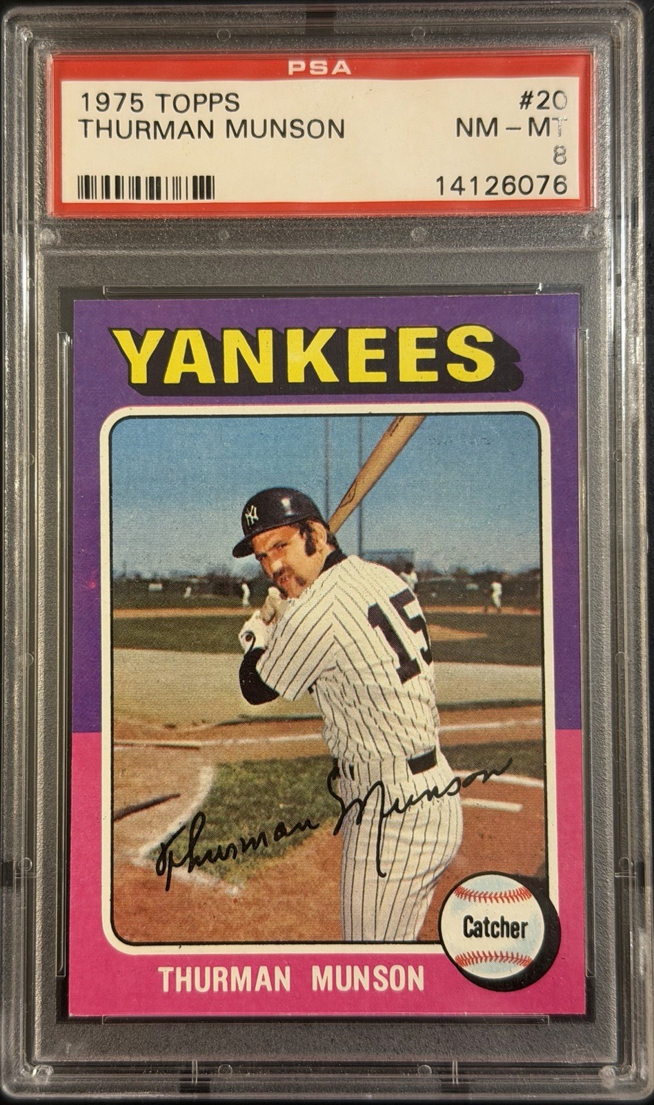 1975 TOPPS #20 THURMAN MUNSON PSA 8 NM-MT SET BREAK PERFECT CENTERING