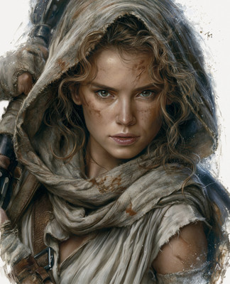 Rey in Weathered Desert Hood Holding a Blaster Print - 725847474