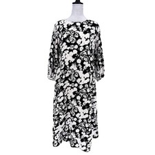 EVERLANE A Line Black White Floral Flax Linen Midi Dress Size 6 Pockets Resort