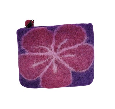 Felted Purple Pink Flower Pattern 4.5''x5.5'' Zip Pouch Change Purse Make-up Bag