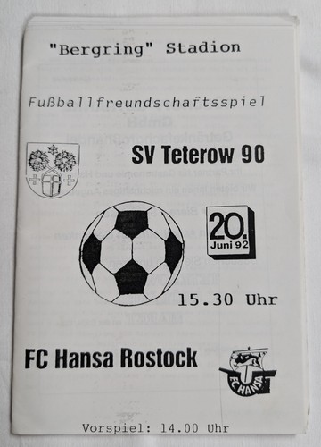 Orig. Programa SV Teterow 90 FC Hansa Rostock 20.06.1992 partido amistoso FCH