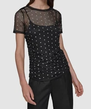Karl Lagerfeld Paris Women's Black Embellished Mesh Crewneck Top Size L